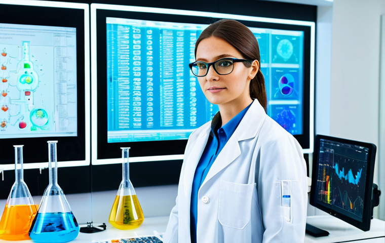 **

"A confident female scientist in a bright and modern laboratory, wearing a fully clothed, modest lab coat and safety glasses, appropriate attire, safe for work, perfect anatomy, natural proportions, professional photography, high quality. She is analyzing data on a holographic display. The background includes advanced scientific equipment and colorful chemical solutions. Family-friendly, well-lit."

**