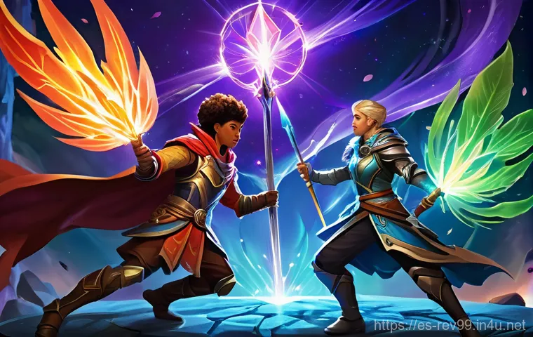 리버스 1999 유저의 경험 공유 - A diverse team of five fantasy heroes standing in a magical arena, each radiating a distinct element...