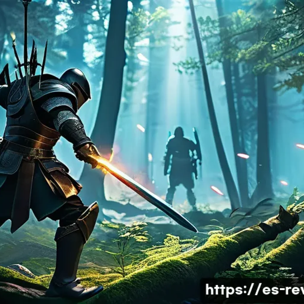 리버스 1999 신규 업데이트 정보 - A dynamic combat scene in a detailed fantasy environment showcasing a skilled player character facin...