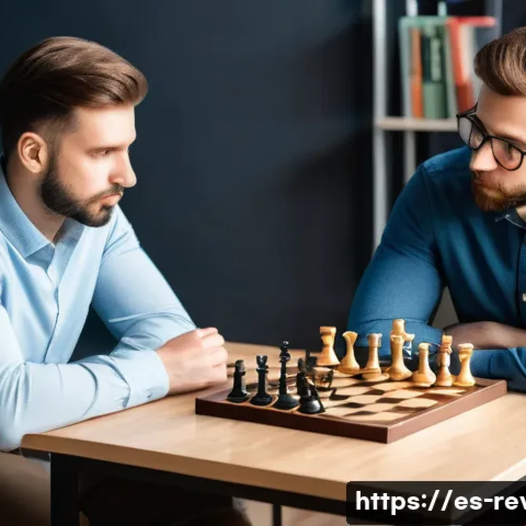 리버스 1999 업데이트 후 새로운 전략 - A dynamic chessboard scene featuring two adult players in casual modern attire, deeply focused on a ...