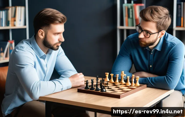 리버스 1999 업데이트 후 새로운 전략 - A dynamic chessboard scene featuring two adult players in casual modern attire, deeply focused on a ...