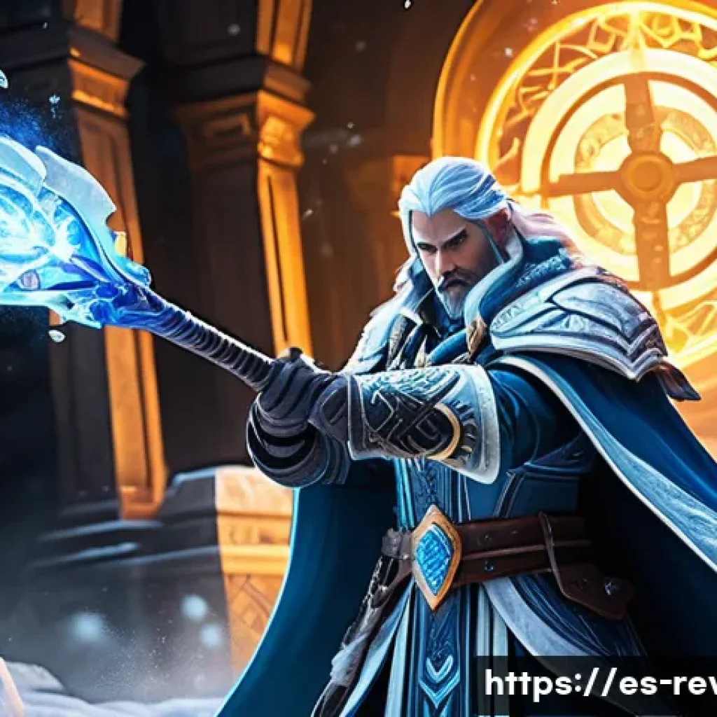 리버스 1999 전설 등급 캐릭터 소개 - A legendary arcanist character in a fantasy battle arena, wearing intricate, glowing robes and detai...