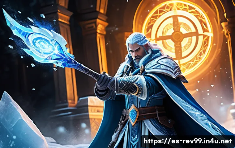 리버스 1999 전설 등급 캐릭터 소개 - A legendary arcanist character in a fantasy battle arena, wearing intricate, glowing robes and detai...