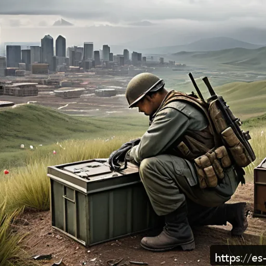 리버스 1999 주요 아이템 드랍 위치 - A strategic elevated hilltop scene overlooking a sprawling battlefield in a post-apocalyptic urban e...