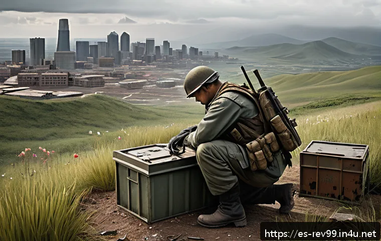 리버스 1999 주요 아이템 드랍 위치 - A strategic elevated hilltop scene overlooking a sprawling battlefield in a post-apocalyptic urban e...