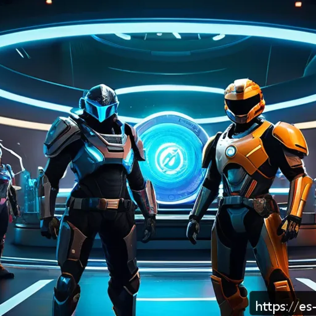 리버스 1999 공식 웹사이트 특징 - A dynamic gaming scene featuring diverse players in a futuristic arena, each character showcasing un...