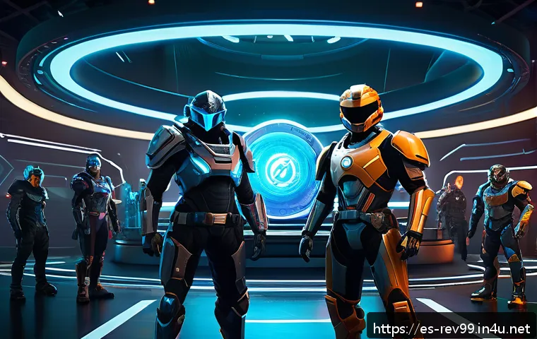 리버스 1999 공식 웹사이트 특징 - A dynamic gaming scene featuring diverse players in a futuristic arena, each character showcasing un...