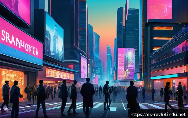 리버스 1999 신규 퀘스트 체험기 - A richly detailed futuristic cityscape at dusk, featuring neon-lit skyscrapers and holographic billb...