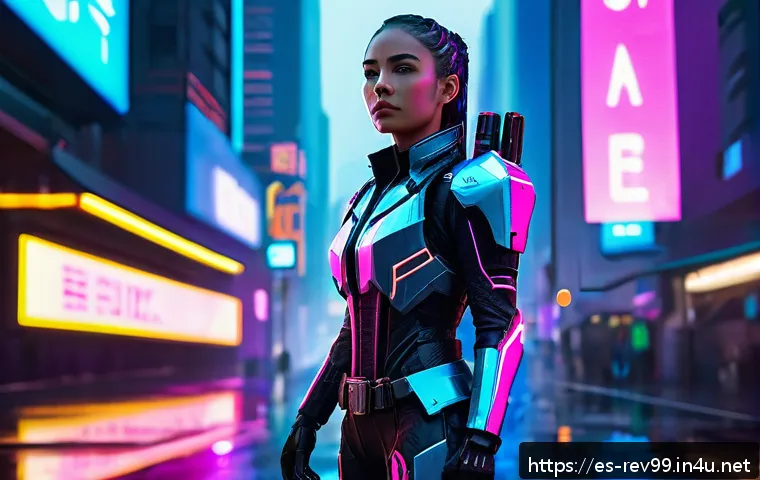리버스 1999 새로운 캐릭터 아트 - A futuristic female character named Aria with neon cyberpunk aesthetics, wearing sleek, glowing armo...