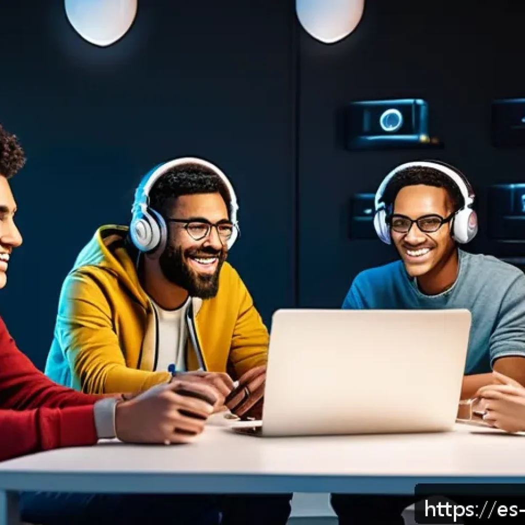 리버스 1999 친구 추가와 협력 플레이 - A diverse group of five young adults enthusiastically collaborating in a cozy, modern gaming room wi...