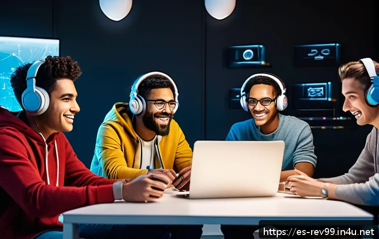 리버스 1999 친구 추가와 협력 플레이 - A diverse group of five young adults enthusiastically collaborating in a cozy, modern gaming room wi...