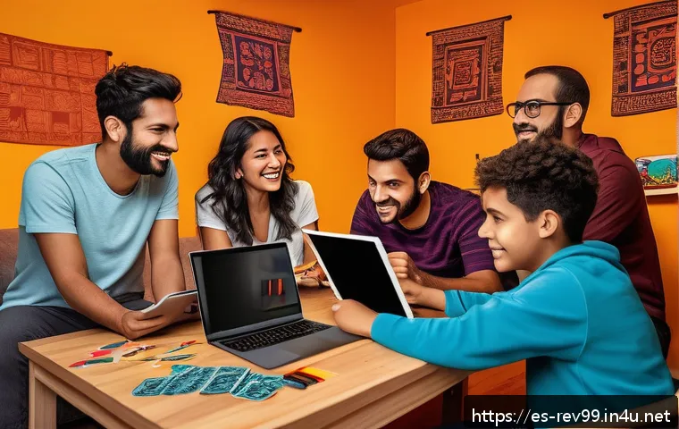 리버스 1999 팬 커뮤니티에서의 활동 - A diverse group of gamers collaborating intensely in a cozy, modern living room decorated with Mexic...