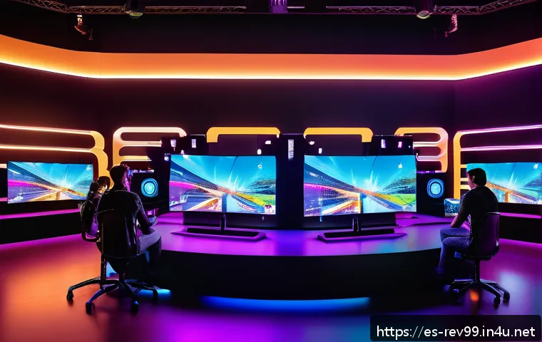 리버스 1999 팬 커뮤니티와의 협력 - A vibrant and dynamic gaming community event scene set in a modern esports arena in Spain, featuring...