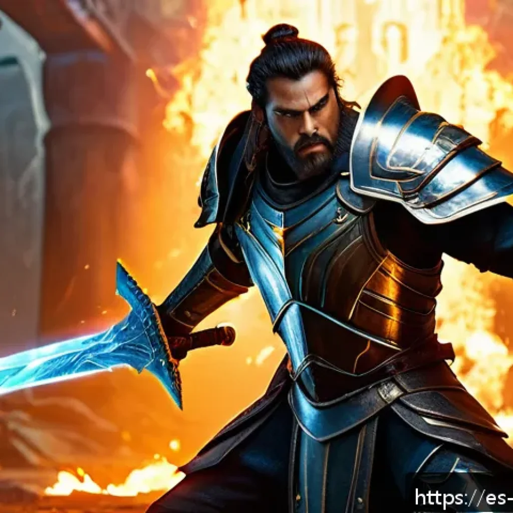 리버스 1999 데미지 계산 공식 - A dynamic fantasy battle scene featuring a muscular warrior clad in detailed armor wielding a glowin...