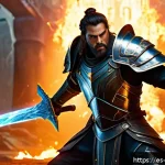 리버스 1999 데미지 계산 공식 - A dynamic fantasy battle scene featuring a muscular warrior clad in detailed armor wielding a glowin...