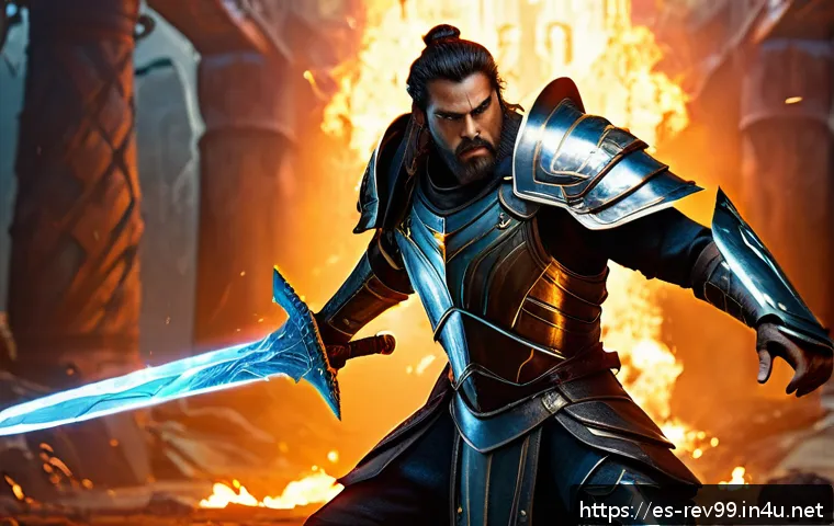 리버스 1999 데미지 계산 공식 - A dynamic fantasy battle scene featuring a muscular warrior clad in detailed armor wielding a glowin...