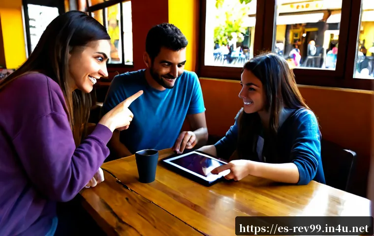 리버스 1999 팬 커뮤니티 활용 방법 - Photorealistic young adult Spanish fantasy-game fans sharing strategies around a wooden café table i...