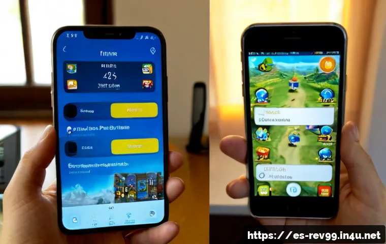 리버스 1999 iOS vs Android 성능 차이 - Photorealistic side-by-side mobile gaming performance comparison, two unbranded modern smartphones h...