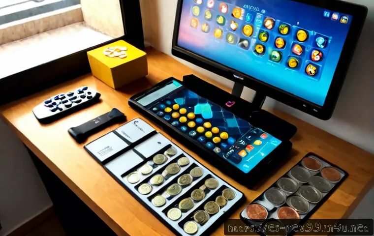 Home 17 리버스 1999 유료 재화 효율 분석 - Photorealistic overhead view of a Spanish gamer’s tidy desk, smartphone showing an unreadable fantas...